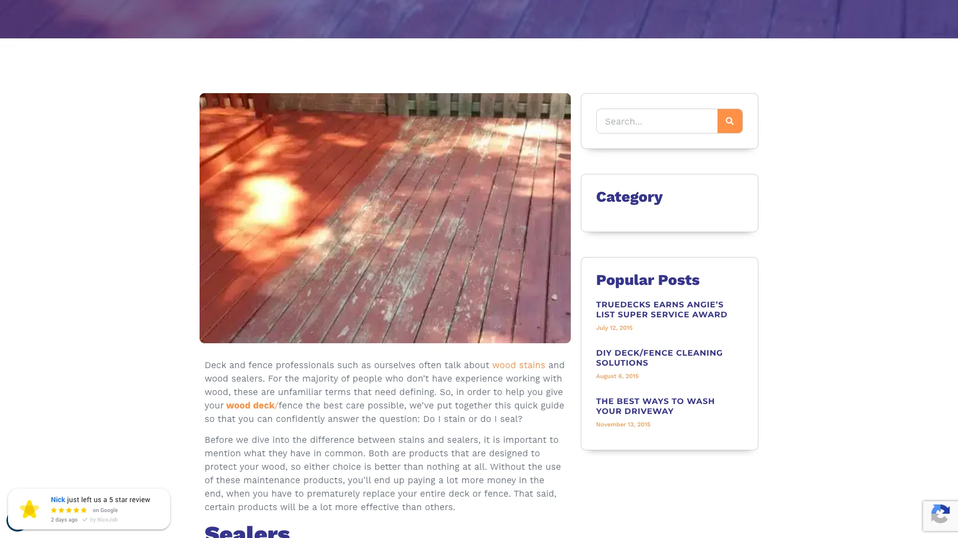 TrueDecks stain vs seal blog post showing the article content about deck staining and sealing differences with the review widget and trust badges visible alongside the blog content