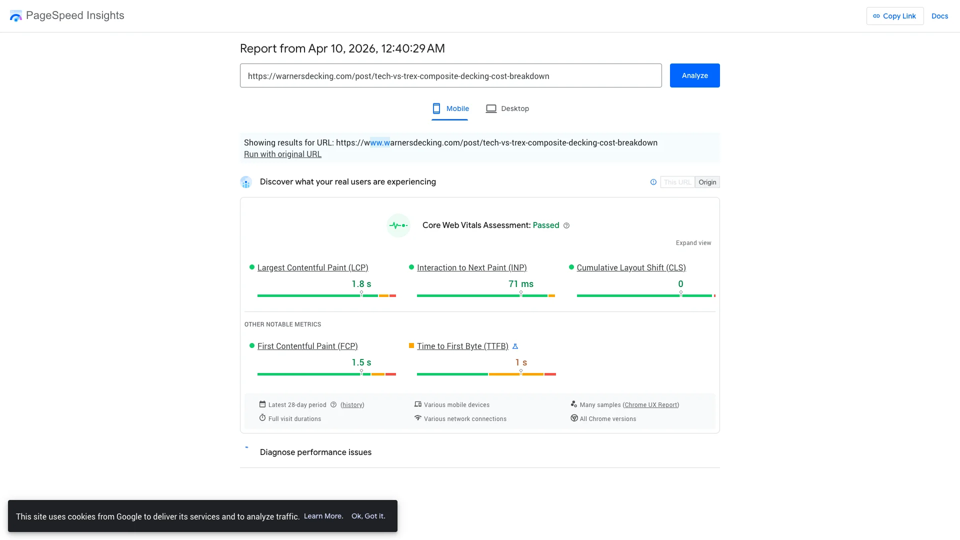 Google PageSpeed Insights mobile lab results for Warner's Decking Tech vs Trex blog showing a score of 55 out of 100