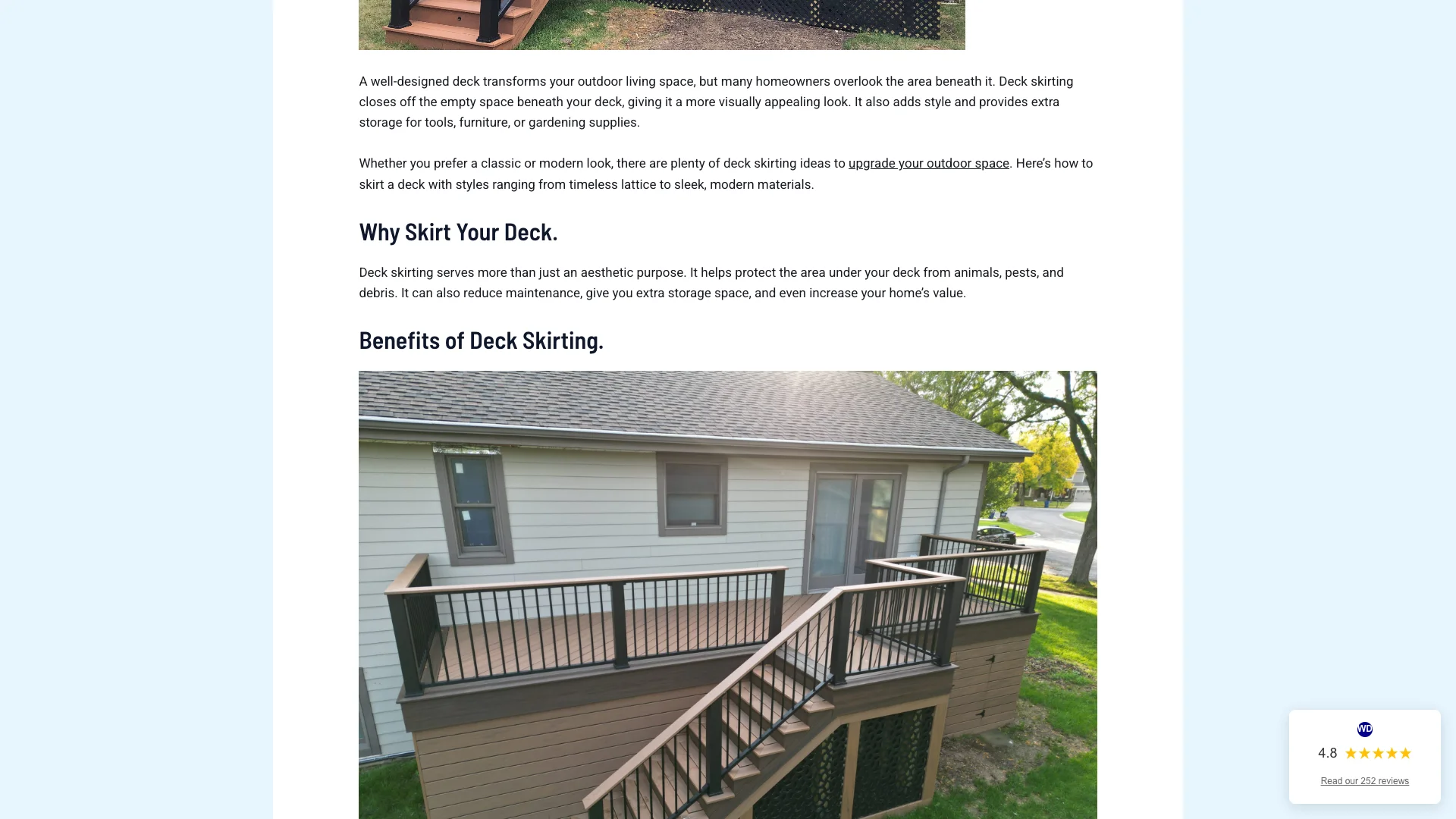 Warner's Decking skirting ideas blog showing the design inspiration content with trust badges and reviews visible on the page