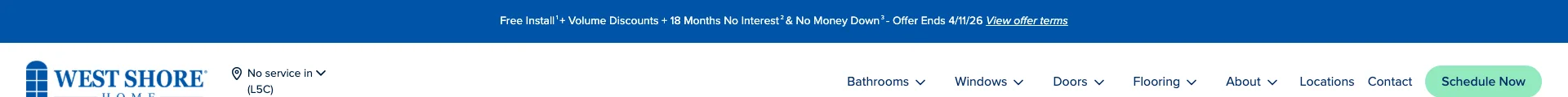 West Shore Home sticky navigation bar showing company logo, main navigation links for Bath, Windows, Doors, and Locations, and a Contact CTA button that persists as the user scrolls down the page