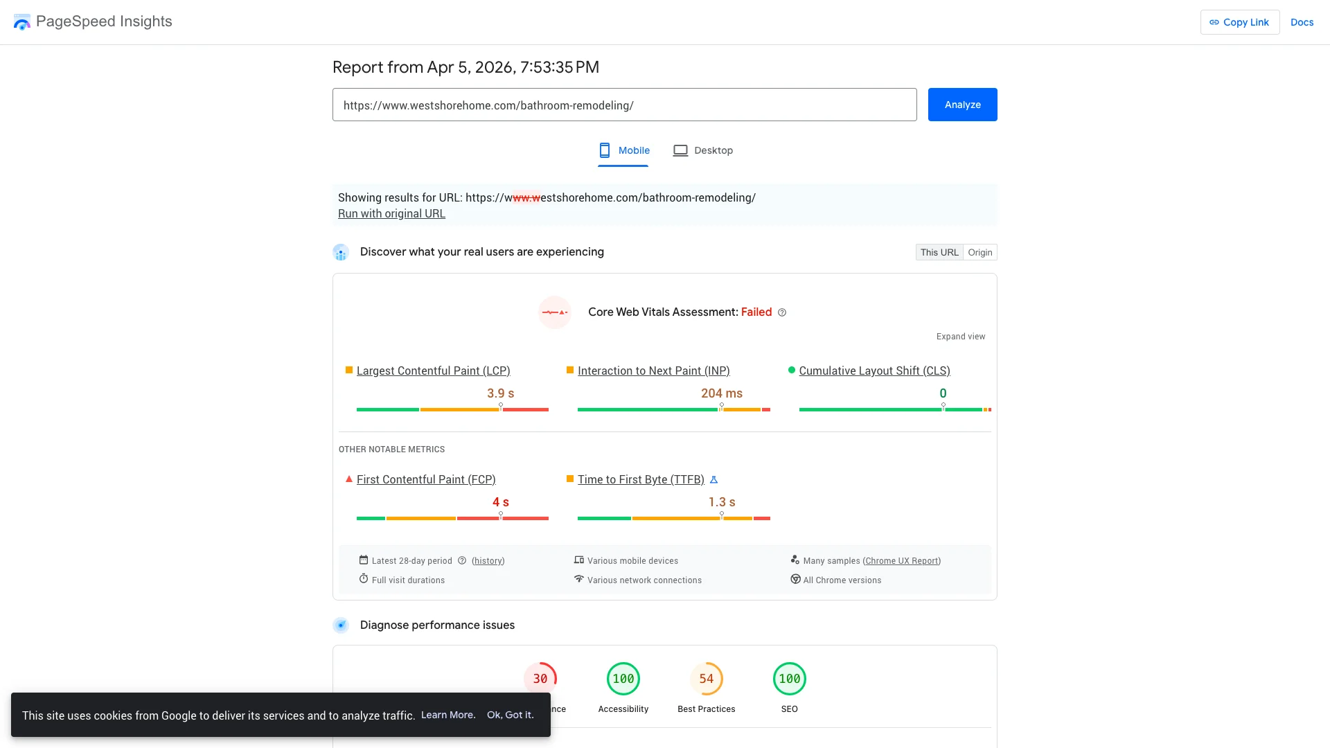 Google PageSpeed Insights Lighthouse lab results for westshorehome.com/bathroom-remodeling/ showing a performance score of approximately 30 out of 100 on mobile, with LCP of 68.5 seconds and TBT of 1,287 milliseconds