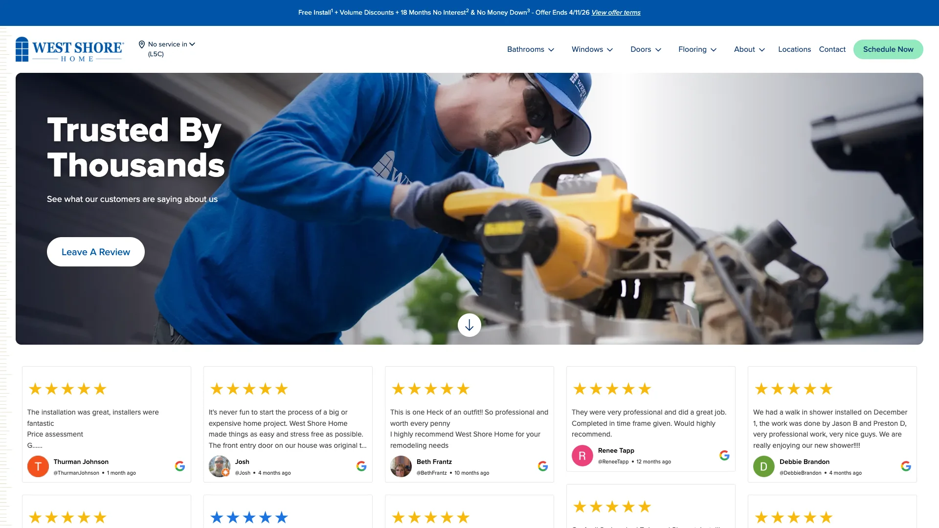 West Shore Home reviews page showing 'Trusted By Thousands' heading with Google Reviews widget displaying customer reviews, star ratings, and review text from verified customers