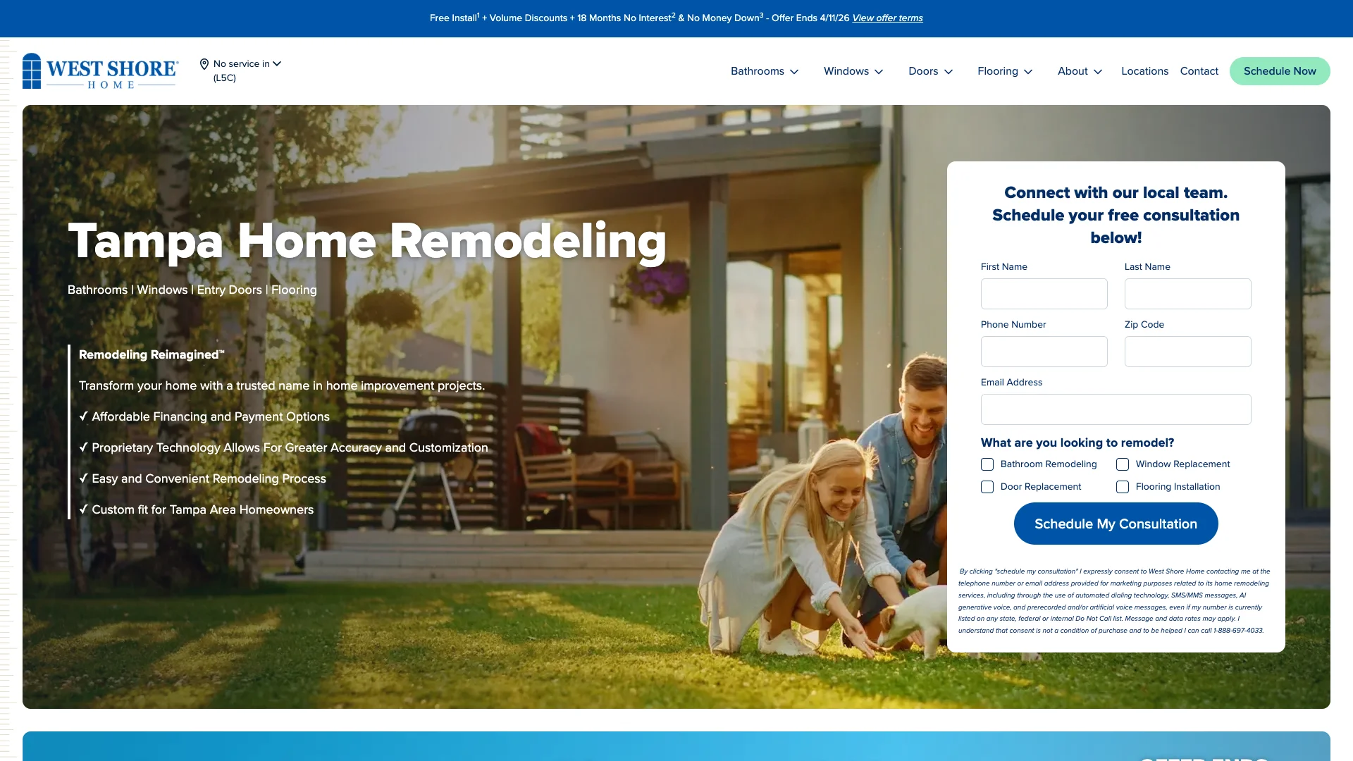 West Shore Home Tampa FL location page showing 'Tampa Home Remodeling' heading, local phone numbers, BBB badge, Google Reviews widget with star rating and review count, service area information, and a lead capture form with first name, last name, phone, zip code, email, and product checkboxes