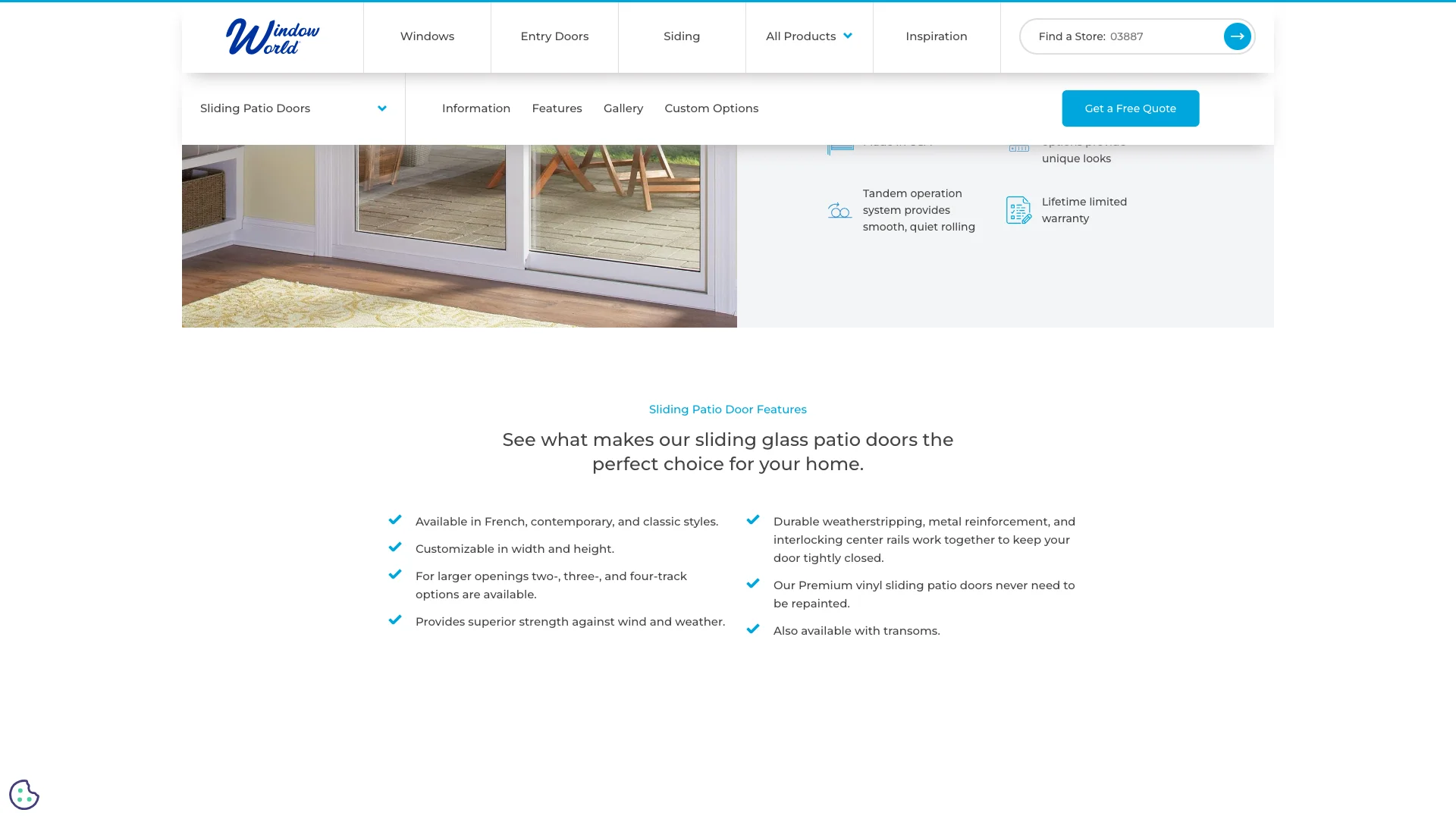 Window World sliding patio door product page showing the product options and three lead capture forms with zero visible trust signals or customer review content