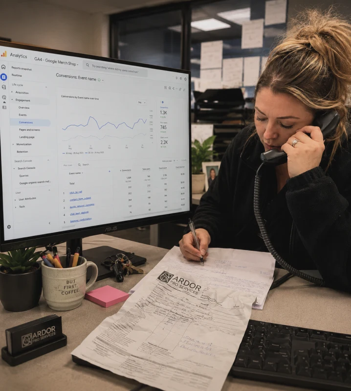 Home-services business owner reviewing website-conversion analytics while taking a booking call