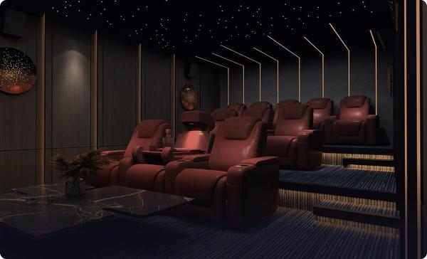 Luxury home theater with custom seating and starlight ceiling